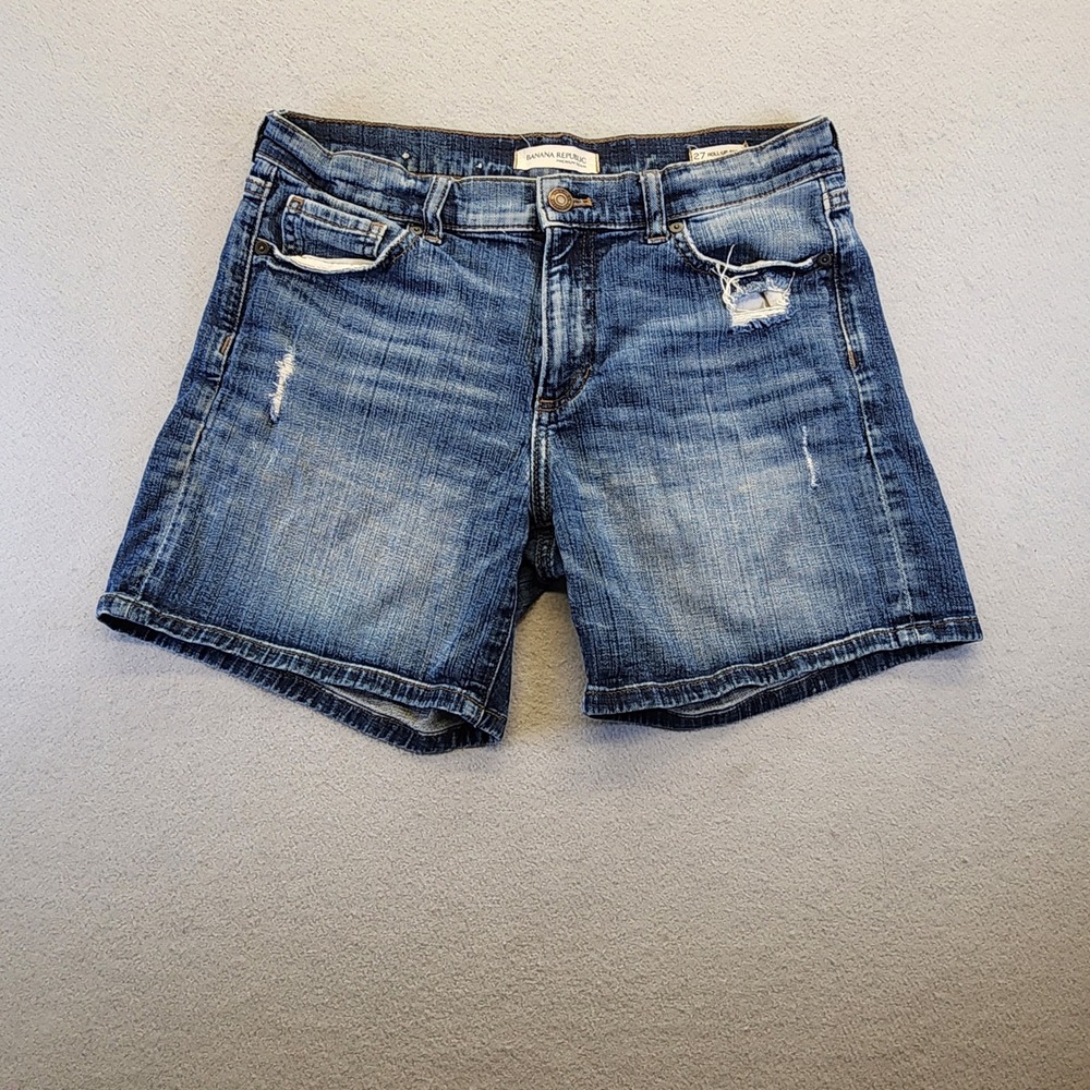 Banana Republic Premium Denim Distressed Roll-Up Shorts Med Wash Womens Size 27